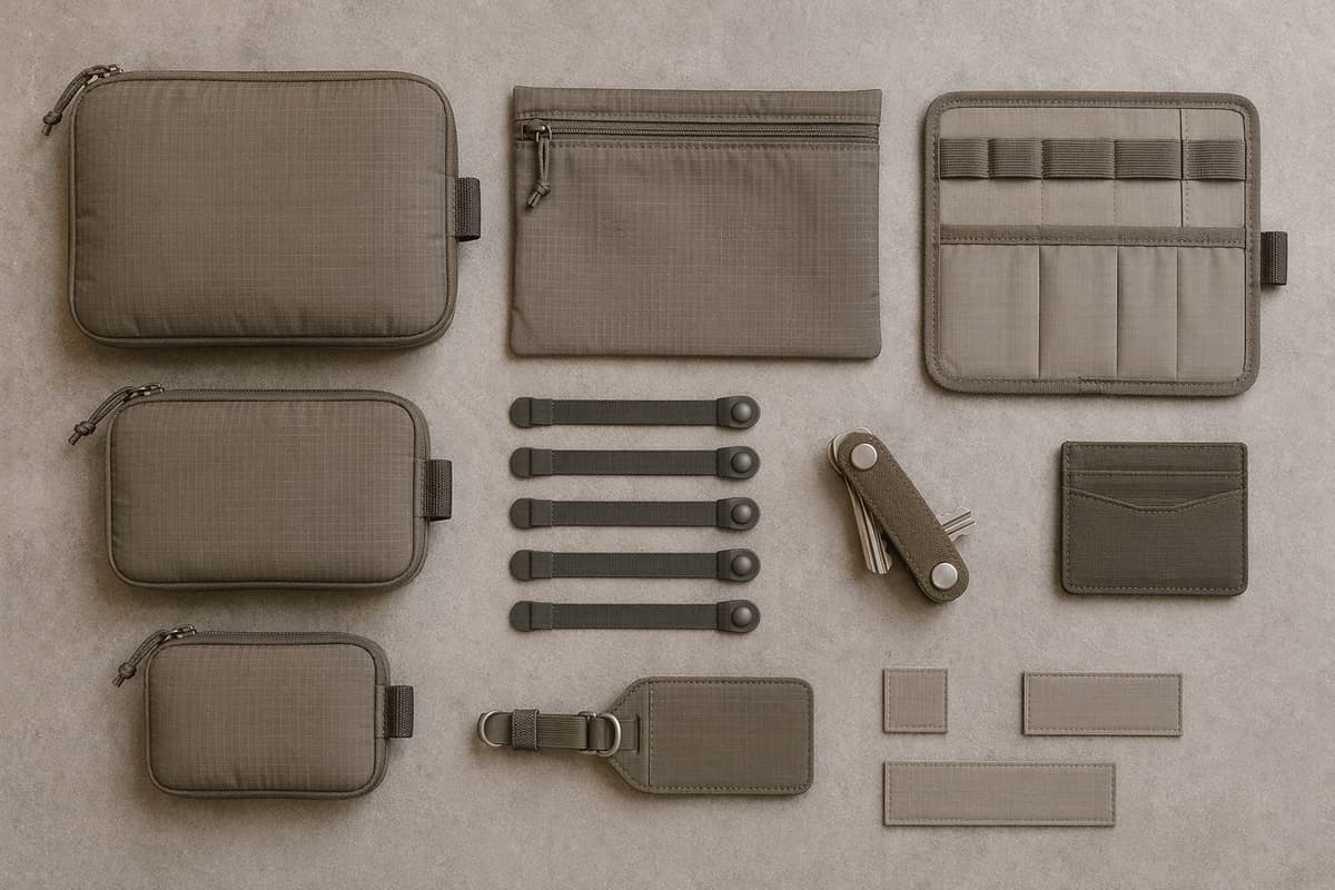 Every carry kit component separated and aligned in rows on a stone-grey surface.