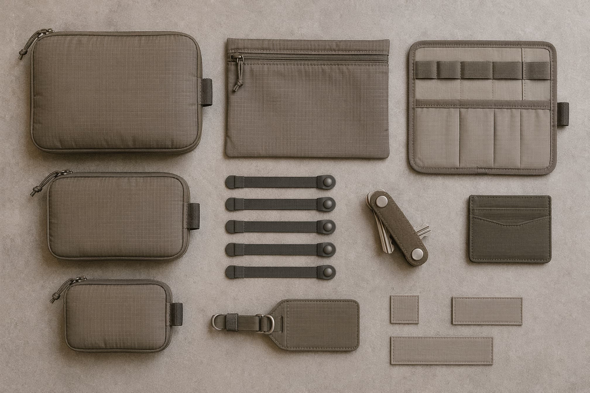 Every carry kit component separated and aligned in rows on a stone-grey surface.