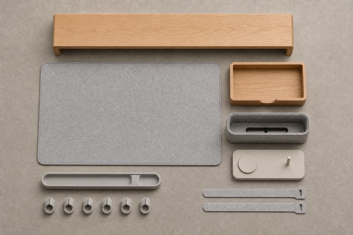 Every Desk Core Pro Kit piece separated and aligned in rows on a stone-grey surface.