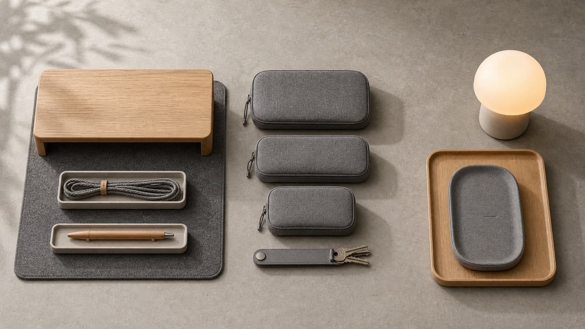 Three organized zones photographed from above: desk, everyday carry and bedside.