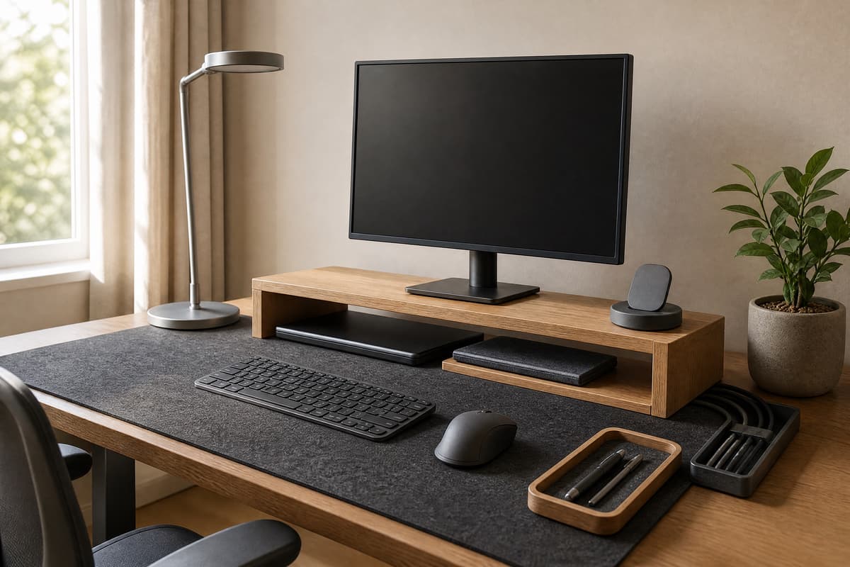 A tidy home-office desk using the Desk Core mat, oak monitor riser, charging dock and routed cables.