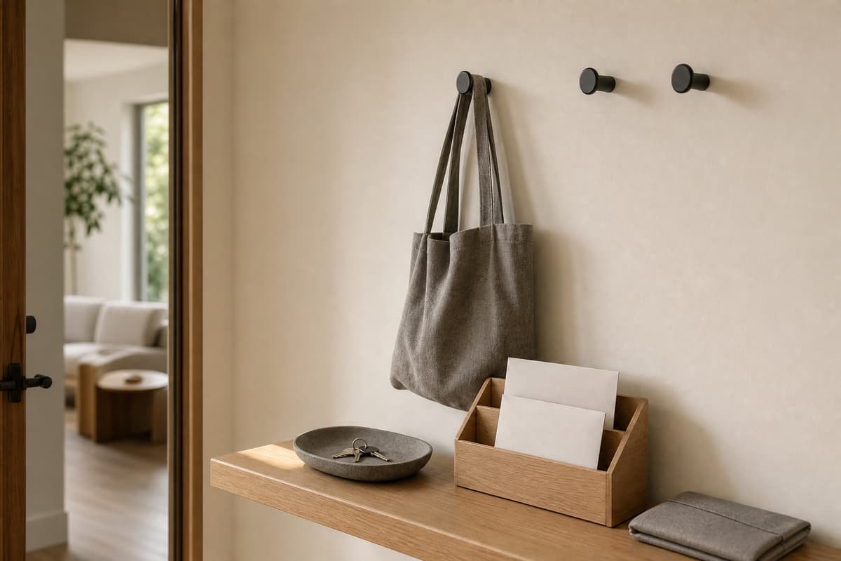 A hallway shelf with the catch-all tray, key dish, mail sorter and wall hooks holding a tote bag.