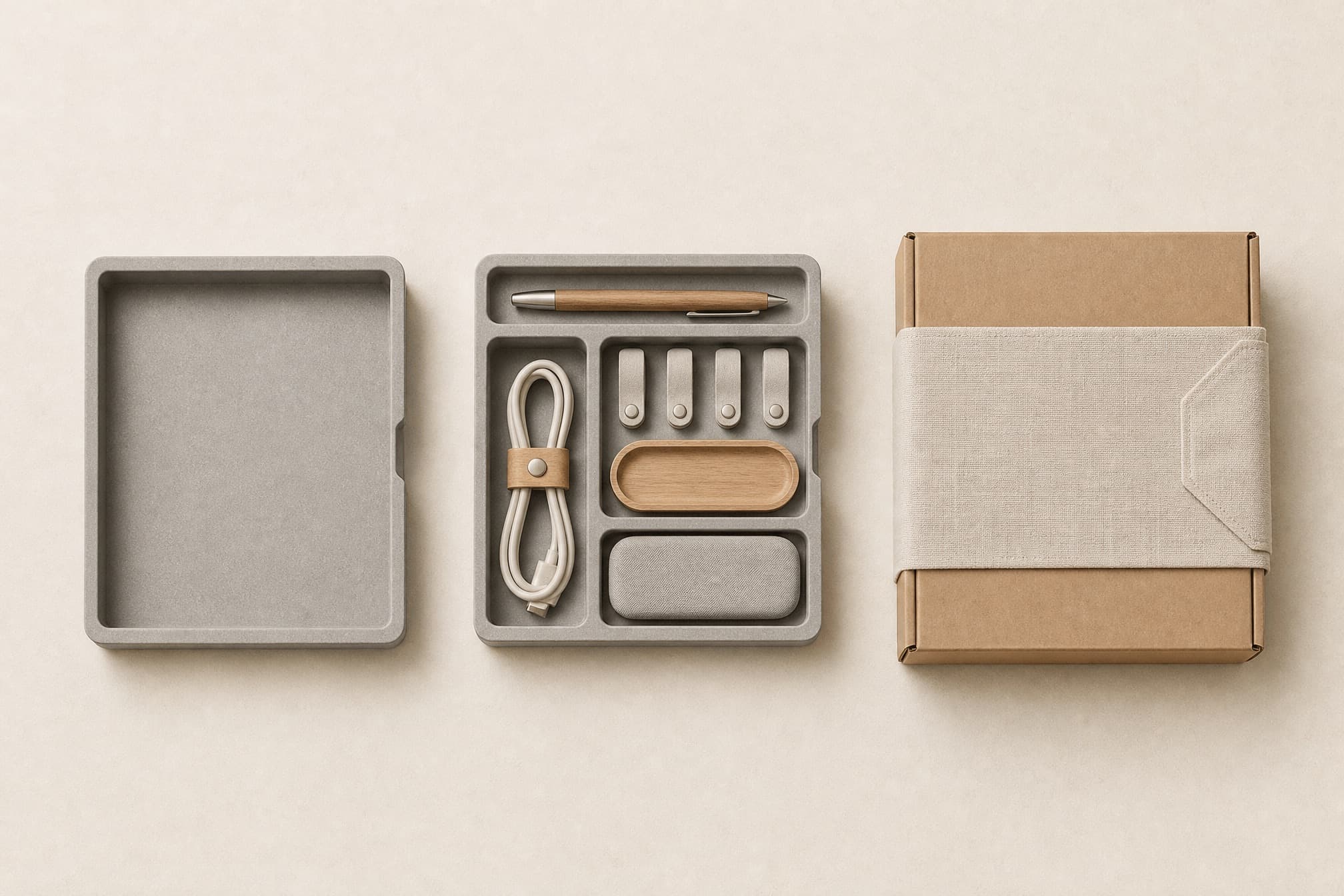 Three separated groups on cream showing a bare tray, the same tray filled with organized items, and a closed kraft carton.