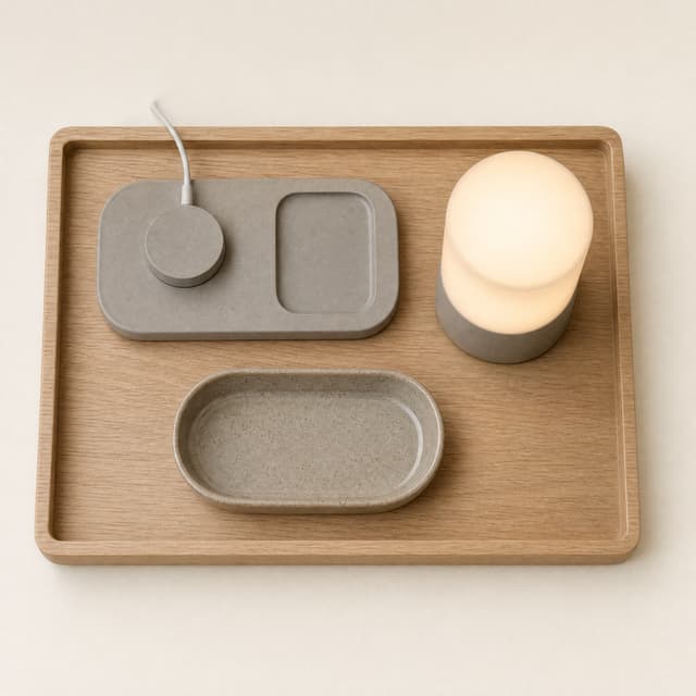 Bedside Core Kit flat lay: oak bedside tray, rounded charging dock, glazed stoneware dish and a compact lamp with a soft warm glow.