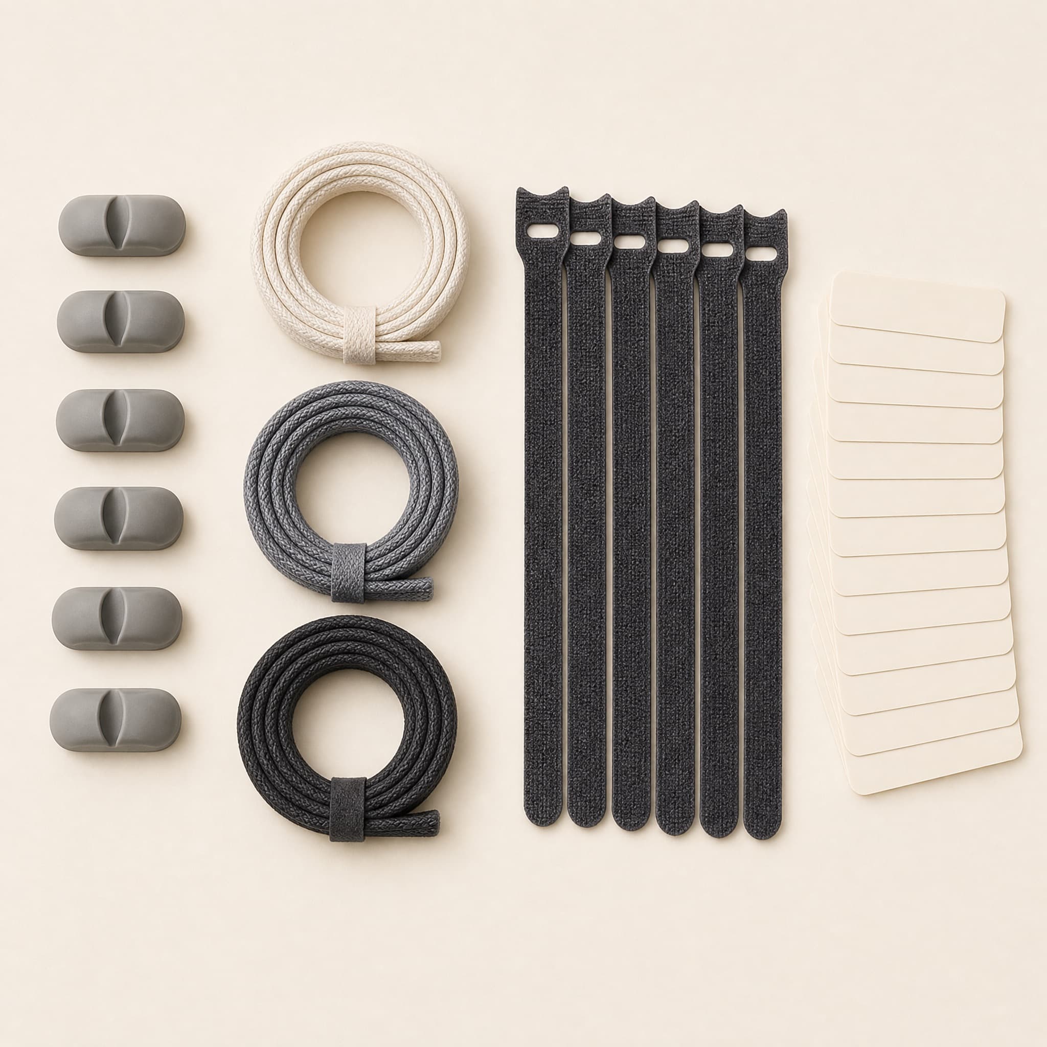 Cable Core Organizer Kit flat lay: six silicone cable clips, three braided sleeves, hook-and-loop ties and blank write-on labels.