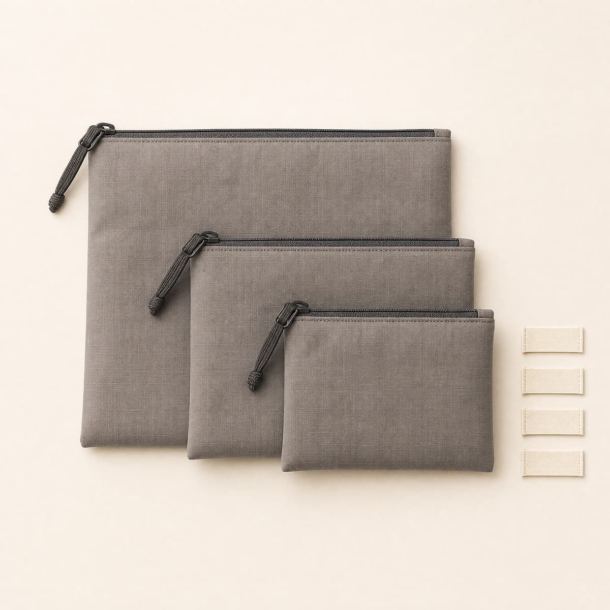 Three stone-grey modular pouches stacked in graduated sizes on a cream surface.