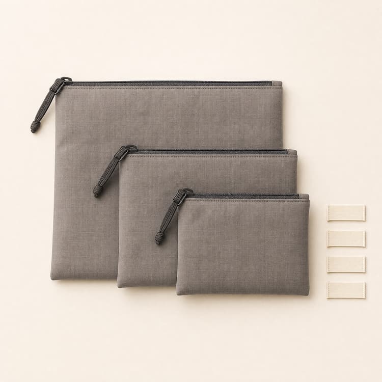 Carry Core Pouch System flat lay: three stone-grey ripstop pouches in small, medium and large with charcoal zips and blank fabric label tags.