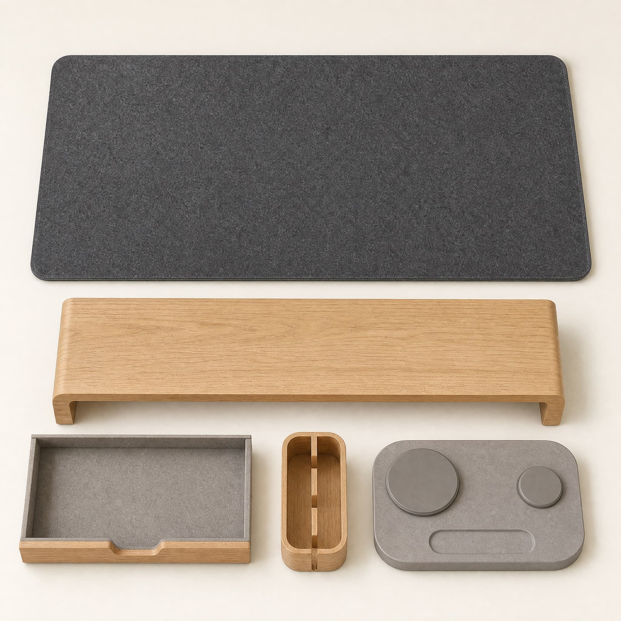 Desk Core Pro Kit flat lay: charcoal felt mat, oak monitor riser, under-desk drawer tray, cable corral and rounded charging dock.