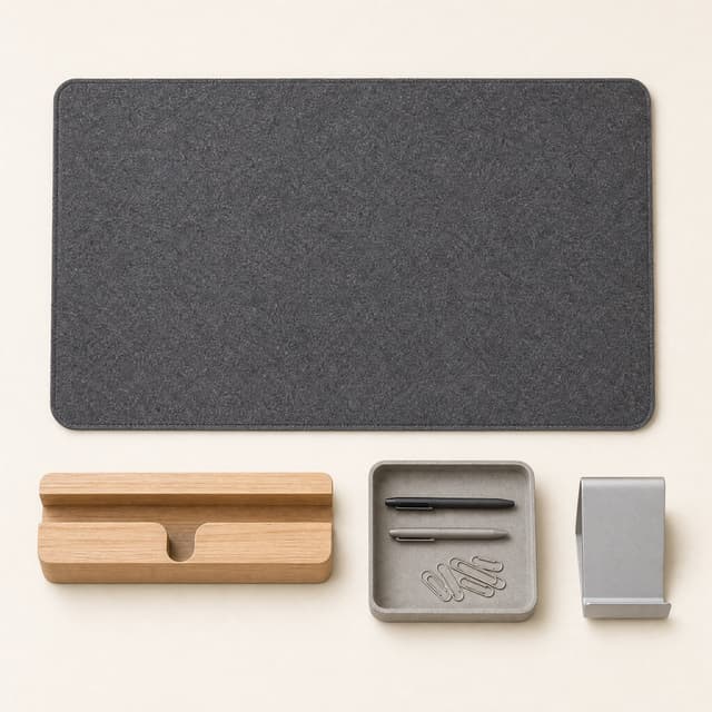 Desk Core Starter Kit laid flat on cream: charcoal felt desk mat, oak cable corral, stone-grey pen and clip tray, and a folded aluminium phone stand.
