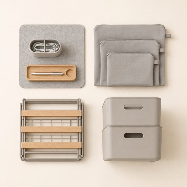 Dorm and Studio Core Bundle flat lay in three groups: a small desk set, three graduated pouches, and a folded shelf with stackable bins.