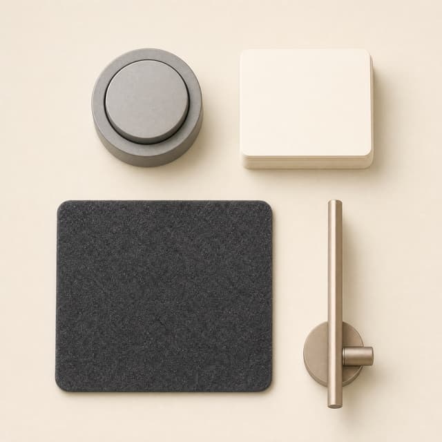 Focus Core Kit flat lay: round stone-grey desk timer, stack of blank task cards, charcoal felt pad and slim aluminium lamp.