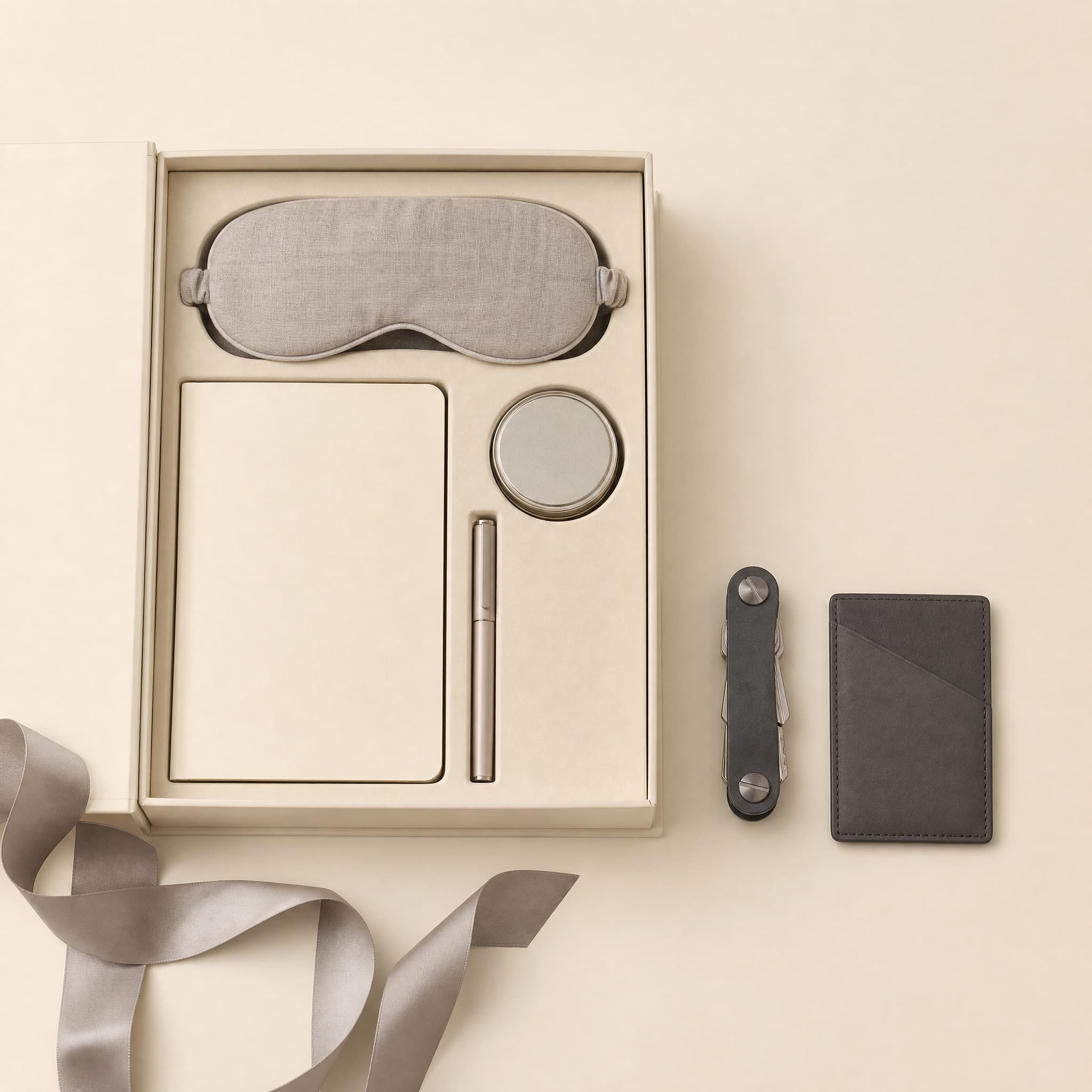 Gift Core Set flat lay: an open cream gift box with ribbon holding a linen eye mask, plain notebook, pen and tin caddy, with a key organizer and card holder alongside.