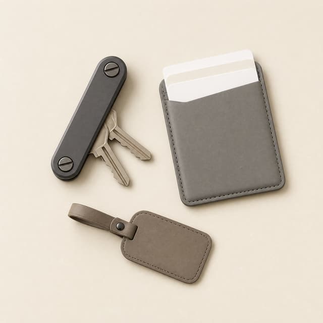 Key and Card Core flat lay: slim charcoal key organizer holding plain keys, a stone-grey card holder with blank cards and a small bag tag.