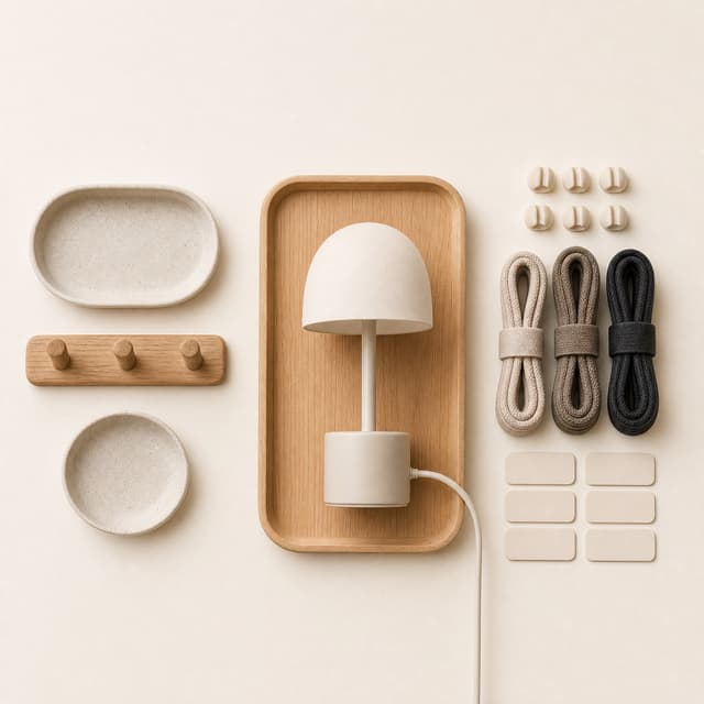 New-Home Core Bundle flat lay in three groups: entryway tray, hooks and key dish; oak bedside tray and lamp; cable clips, sleeves and labels.