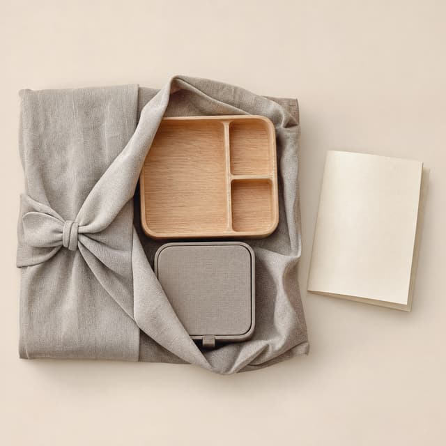 Seasonal Core Drop flat lay: a stone-grey fabric wrap partly opened over an oak valet tray, a small lidded storage box and a folded blank guide sheet.
