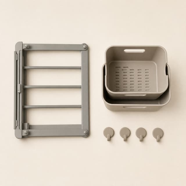Small-Space Reset Kit flat lay: folded stone-grey steel shelf, two nested stackable bins and four round adhesive hooks.