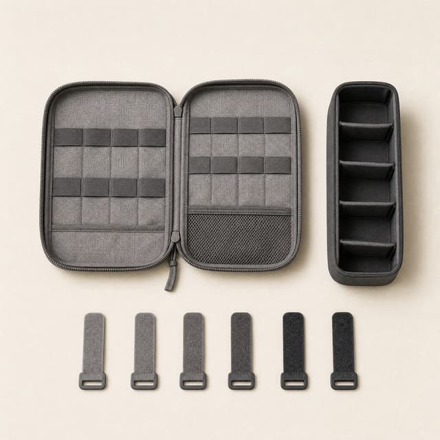 Tech Carry Kit flat lay: stone-grey woven cable pouch opened to empty elastic loops, charcoal adapter organizer and six cord ties.