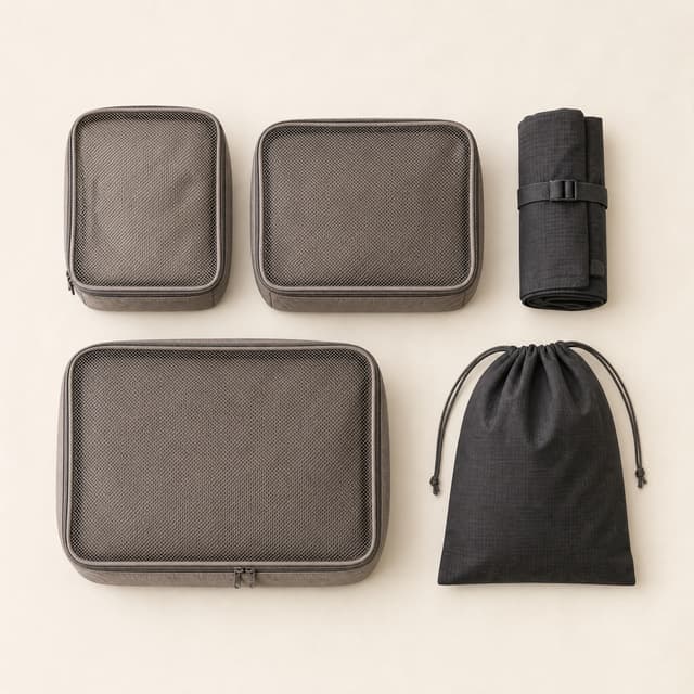 Travel Carry Set flat lay: three stone-grey packing cubes with mesh tops, a rolled charcoal toiletry roll and a drawstring shoe bag.
