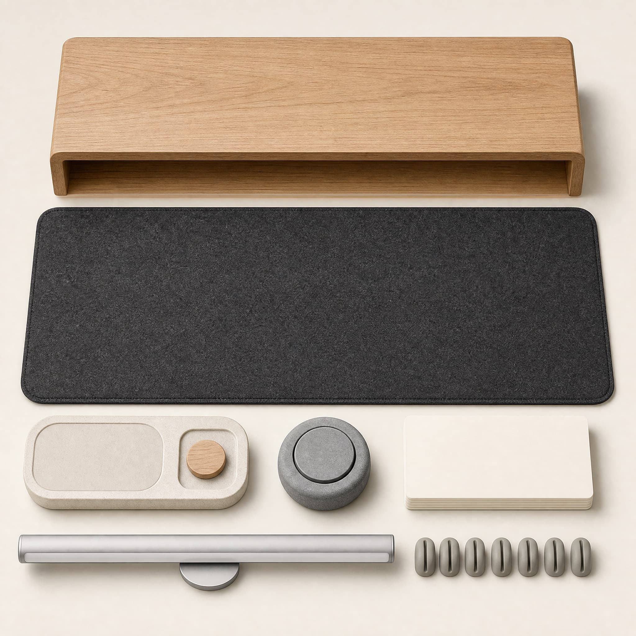 Workspace Core Bundle flat lay: charcoal felt mat, oak monitor riser, charging dock, desk timer, blank cards, slim lamp and a row of cable clips.